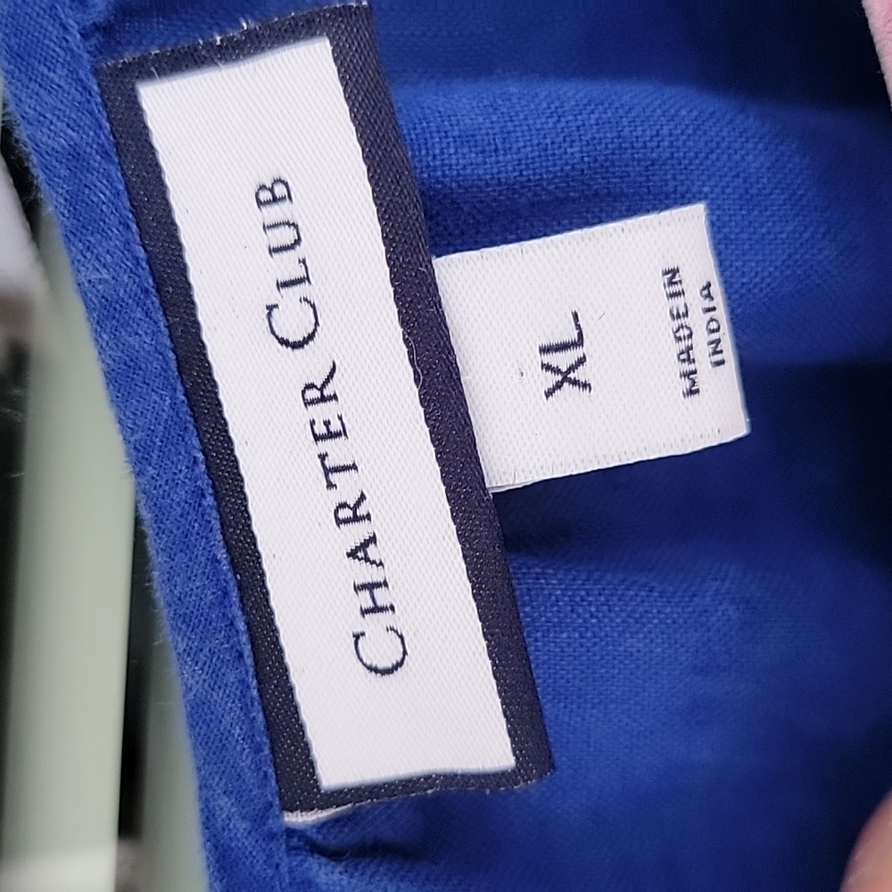 Charter Club Cobalt Blue & Black Embroidery Flutter Sleeve Linen Shirt Sz XL - Picture 5 of 12